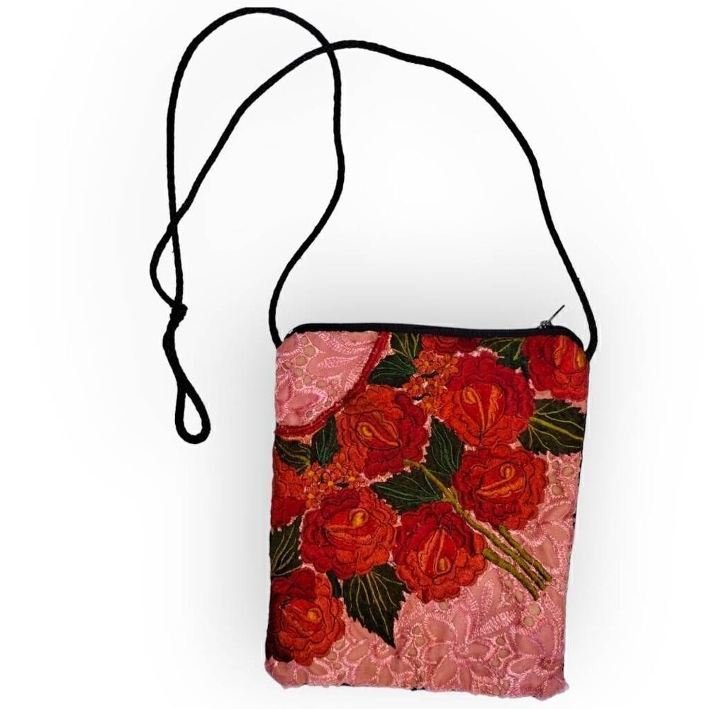 Floral Fabric Shoulder Bag 10x8 Black Cord‎ Orange Embroidered Flowers Zip Top